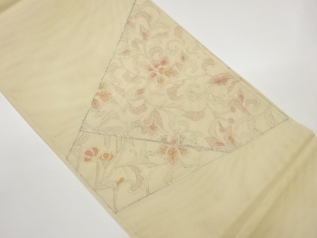 JAPANESE KIMONO / FUKURO OBI FOR SUMMER / SILVER THREAD EMBROIDERY / WOVEN ARABESQUE FLOWER 